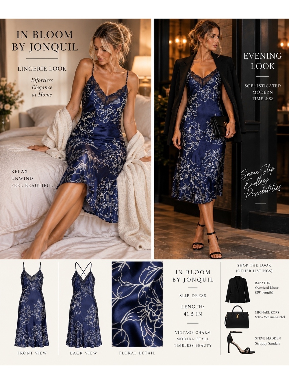 NWT In Bloom by Jonquil Slip Dress M Blue Floral Lace 90s Coquette